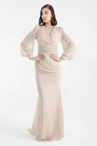 Beige Double-breasted Collar Glitter Lange Avondjurk voor dames