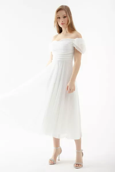 المرأة الأبيض قارب الرقبة رايات ميدي مضيئة مساء اللباس