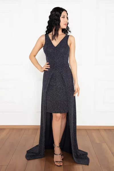 Laag uitgesneden glitter korte avondjurk 