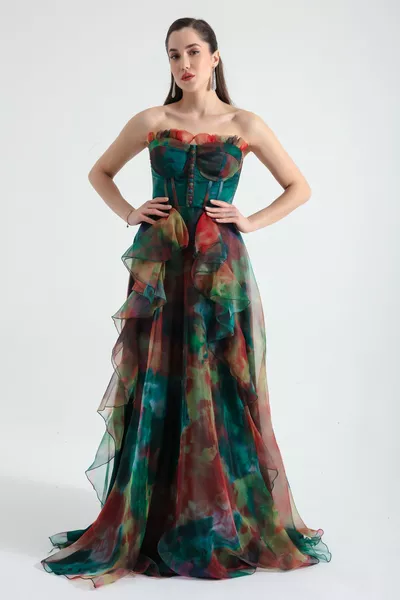 المرأة الأخضر حمالة الأورجانزا مساء اللباس الطويل