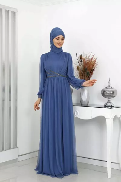 Boncuk Deyatlı aysima Hijab Evening Dress Indigo