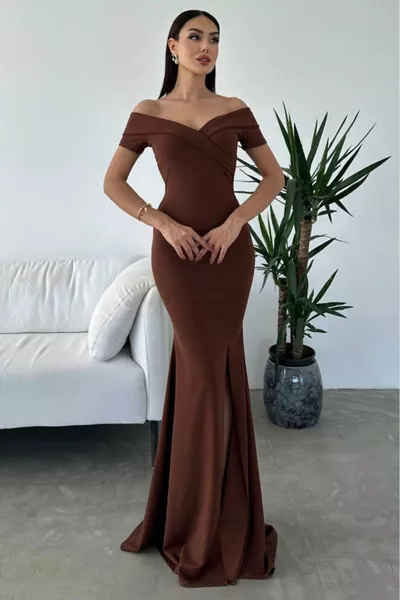 Short Sleeve Madonna Collar Fish Brown Evening Dress