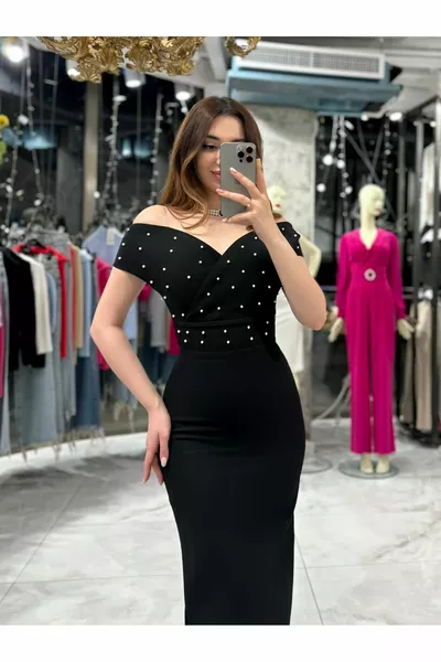 Jeraa İnci Detailed Madona Collar Midi Length Evening Dress-Black