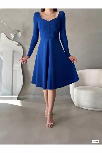 قلب طوق كم طويل زر تصميم ميدي طول مساء اللباس