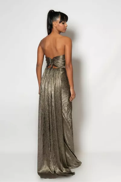 Silvery chiffon evening dress with pleated lace detail on the chest