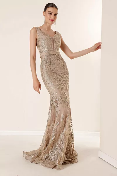 V-Neck Lined Glitter Flock Print Long Dress