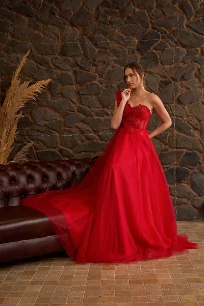 أحمر بريق كشكش حزام مفصلة مساء اللباس وسهرة اللباس