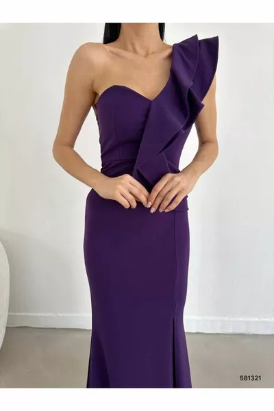 واحد الكتف انتفاخ كشكش تصميم شق ماكسي طول مساء اللباس