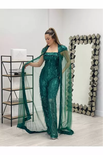 Fringed Sequin Fabric Cape Detailed Jumpsuit Emerald Green