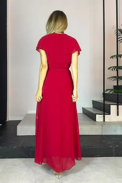  Volan Detaylı Şifon Elbise Kırmızı