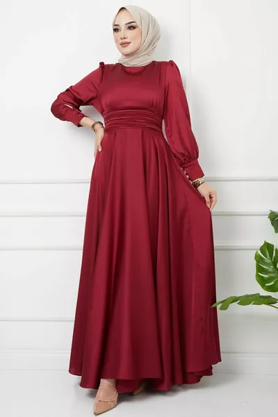 فستان سهرة بحزام مع تفاصيل بطيات الخصر BURGUNDY 