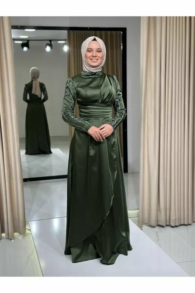 Yeşil Yıldızlar Yeni Sezon Tesettür Gece Şık Elbise Abiye 