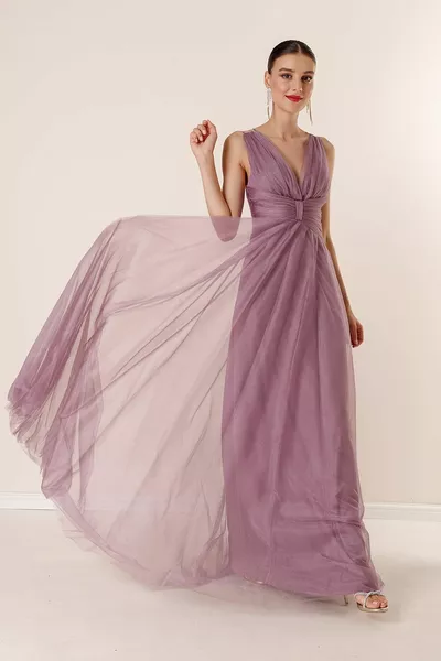 Abito lungo in tulle con scollo a V Lilla con schiena scollata davanti drappeggiata foderata