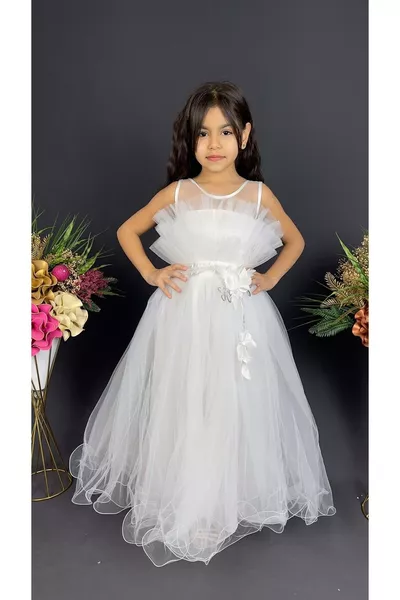 فستان سهرة للأطفال البنات متعدد الطبقات للمناسبات الخاصة  أبيض