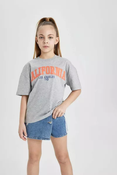 Girls' Bike Neck Printed Short Sleeve T-Shirt HS