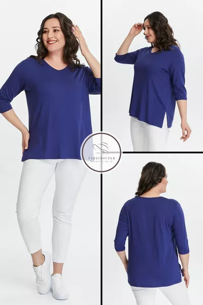 Plus Size New Season Side Slit Comfort Model Half Sleeve Comfortable Mother Cotton Tunic Blouse