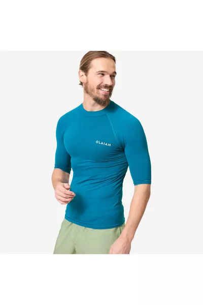 تيشيرت رجالي أولايان بقصة مريحة ضيقة و بأكمام قصيرة وحماية من الأشعة فوق البنفسجية - أزرق - حجم 