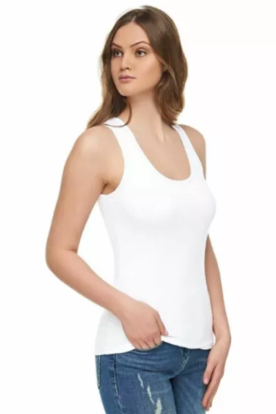 Damen Top aus weißem Modal mit Elasthan, Baumwollanteil, breiten Trägern