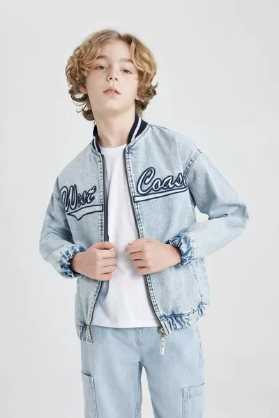 SP Boys' Collared Zip-Up Pocketed Seasonal Printed Denim Bomber Jacket