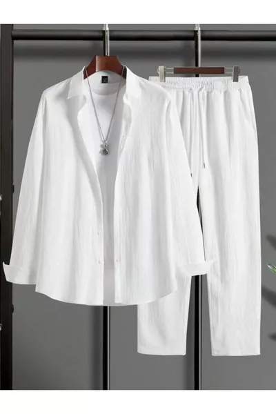 طقم رجالي قميص أبيض بأكمام طويلة وسروال رياضي محبب