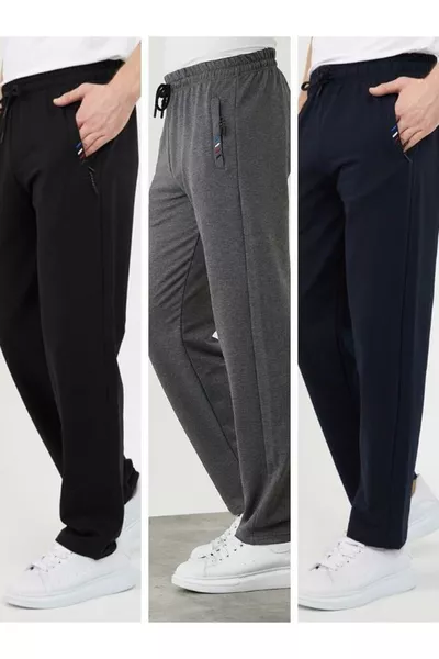 سروال رياضي رجالي بثلاث قطع باللون الأسود والفحم والكحلي، بجيوب بسحاب وتطريز، بقصة مستقيمة ومريحة