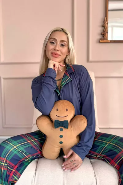 طقم بيجامة نسائي بأزرار من الأمام، بأكمام طويلة، من قماش البامبو بنقشة مربعات باللون الأزرق الداكن