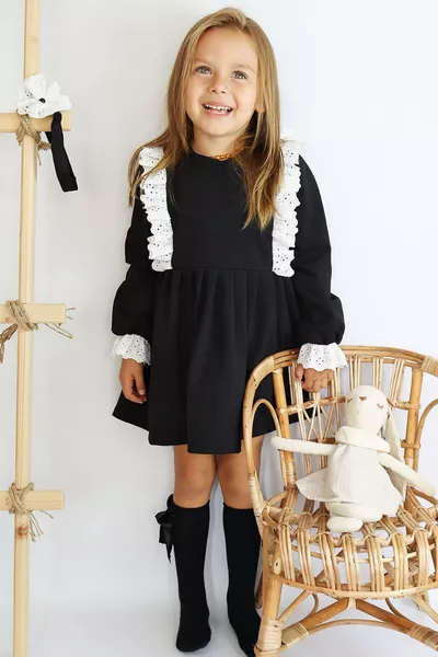 Girls' Dress Set Elena Black Long Sleeve Crew Neck with Eyelet Lace Details and Hairband