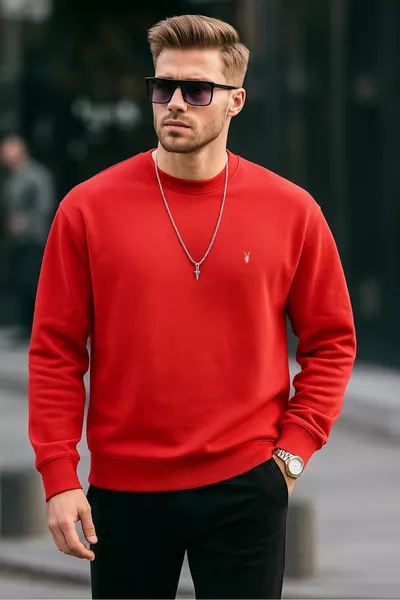 Red Color Basic Crew Neck Relaxed Regular Men's Sweatshirt