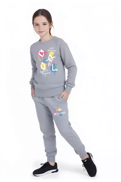 3-Piece Fantastic-Wild-Cool Printed Girls' Round Neck Double Pocket Black-Navy-Grey Tracksuit Set