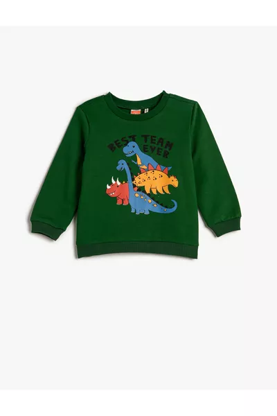 سويت شيرت بطبعة ديناصور بأكمام طويلة وياقة دائرية من القطن المخملي