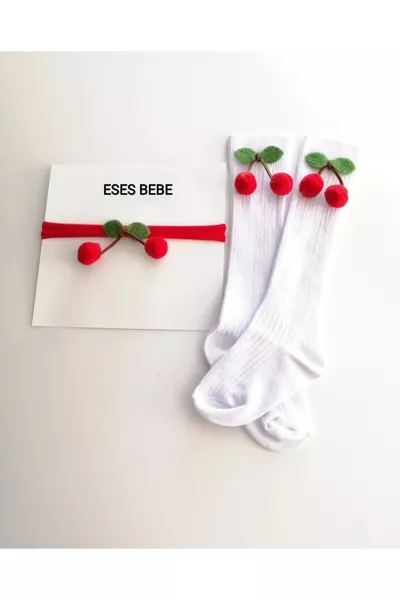 جوارب مدرسية للأطفال/الرضع بنقشة الكرز مع جوارب تصل للركبة وطقم ربطة رأس بنقشة الكرز
