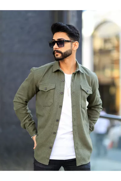 قميص الحطاب بجيوب مزدوجة وغطاء أزرار بلون الكاكي