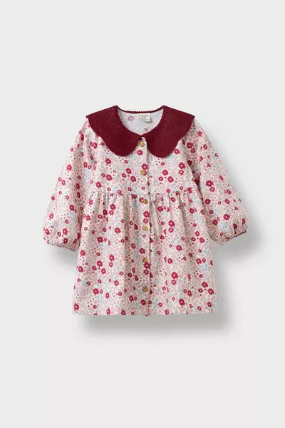 فستان طفلة حديث بأكمام طويلة وياقة مربوطة بنسيج واسع وزهور وأزرار، موديل AU