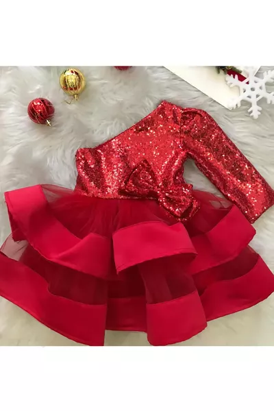 فستان سهرة أحمر للأطفال بكتف واحد مزين بكريستال وشريط تول قصير