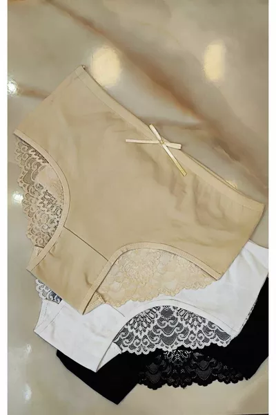 Damen-Slip mit Spitzenbesatz, hoher Bund, Schwarz, Weiß, Hautfarbe, 3er-Set