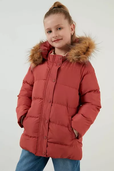 Girls' Coat with Faux Fur Collar, Hood, and Pockets 