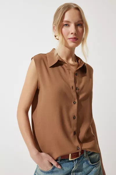 Women's Medium Brown Sleeveless Viscose Shirt 
