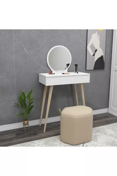 طاولة مكياج خشبية بأرجل ومرآة مع أدراج، لون أبيض - سيينا