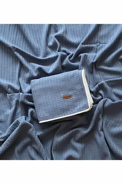 Cunda Серия Плетен Шаблон % Памучно Бебешко Одеяло Пике Индиго //  см