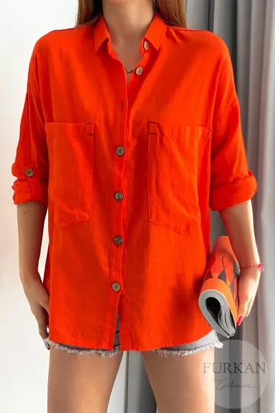 المرأة البرتقالي زر خشبي للطي الأكمام جيب مزدوج رث واسعة فضفاضة تناسب  ٪ القطن  ٪ قميص الكتان