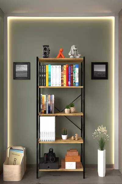 Метален книжарник с 5 рафта, орех