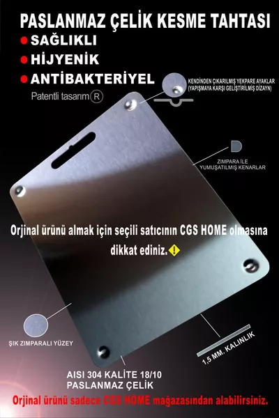 Home Paslanmaz Çelik Kesme Tahtası (GÖMME AYAKLI)( KALİTE)-(®PATENTLİ) Antibakteriyel