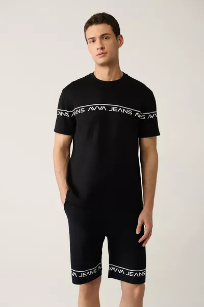 Erkek Siyah Baskılı Bisiklet Yaka Soft Touch Regular Fit T-Shirt 