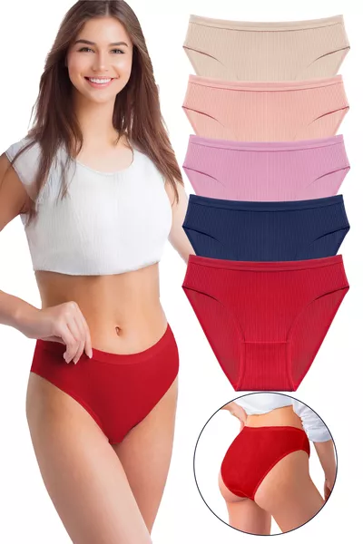 طقم خمسة سراويل بيكيني نسائية بألوان مختلفة مع خصر مضلع 