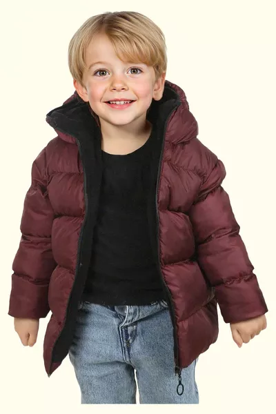 Boys' Maroon Fleece-Lined Hooded Waterproof Windproof Puffer Winter Coat