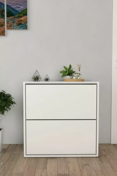 2-Door Sliding Shelf White Shoe Cabinet
