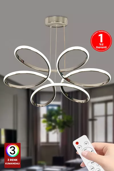 ثريا صالون LED كروم فضية بتحكم عن بعد بثلاثة ألوان، ثريا LED أوركيد، ثريا صالون كبيرة