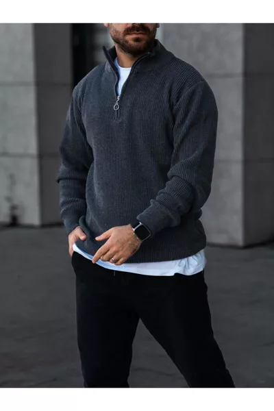 Heren Trui met Halve Rits van Fijn Gebreid Fume