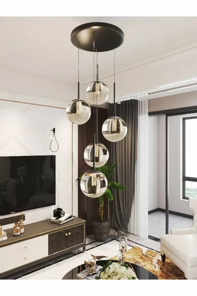 Vega Pendant Chandelier Ball 5-Light with Smoky Globe Glass, Black Durable Frame, Modern Stylish Design Lamp/Chandelier