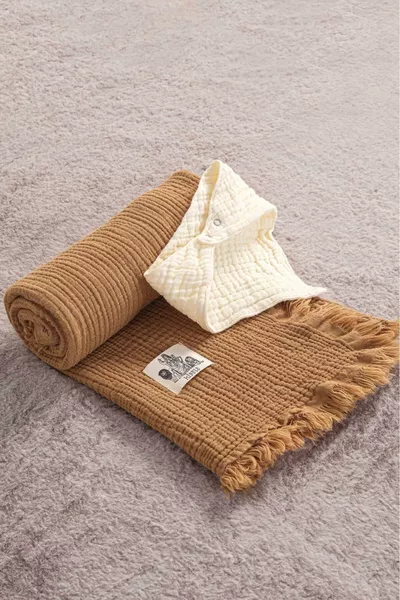 Coffee 4-Layer Muslin Tassel Baby & Kids Blanket % Cotton *